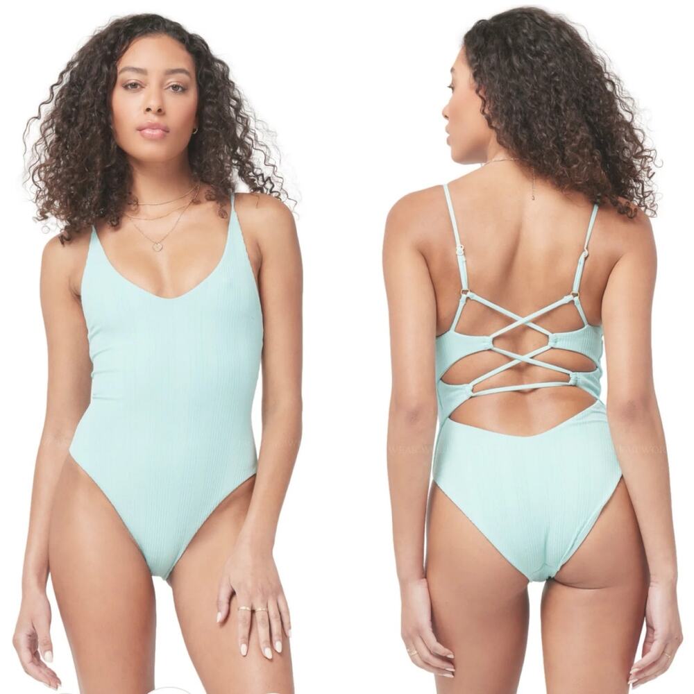 L*Space Pointelle Rib Gianna Back Cutout One Piece Swimsuit Green Women 6 NWT